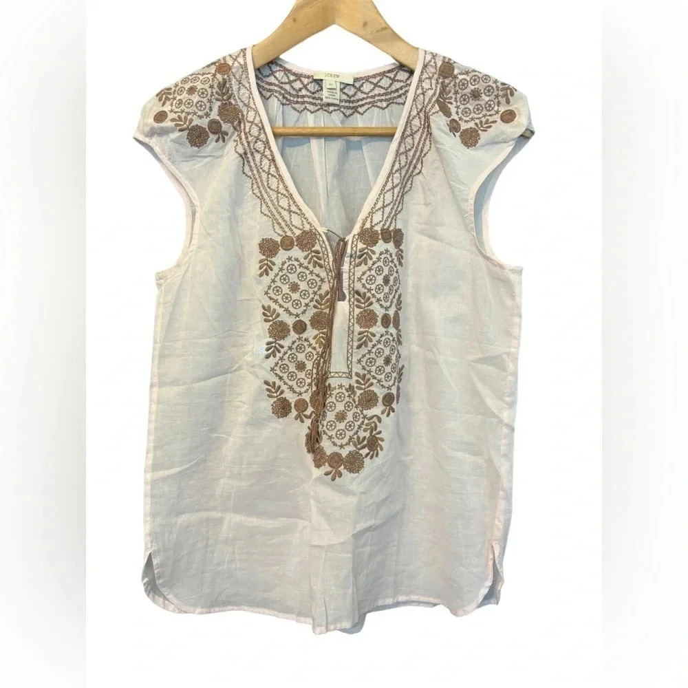 J. Crew Light Weight Gauzy Cotton Light Pink Tank Brown Embroidery Tassles Small